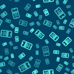 Green line Online auction icon isolated seamless pattern on blue background. Bid sign. Auction bidding. Sale and buyers. Vector