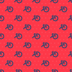 Blue line Auction hammer icon isolated seamless pattern on red background. Gavel - hammer of judge or auctioneer. Bidding process, deal done. Auction bidding. Vector