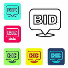Black line Bid icon isolated on white background. Auction bidding. Sale and buyers. Set icons in color square buttons. Vector