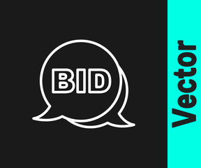 White line Bid icon isolated on black background. Auction bidding. Sale and buyers. Vector