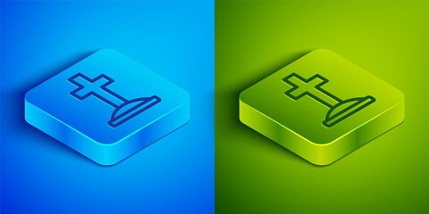 Isometric line Grave with cross icon isolated on blue and green background. Square button. Vector
