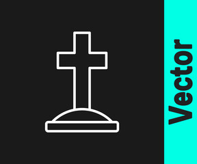 Fototapeta premium White line Grave with cross icon isolated on black background. Vector