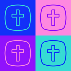 Obraz premium Pop art line Christian cross icon isolated on color background. Church cross. Vector