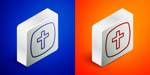 Isometric line Christian cross icon isolated on blue and orange background. Church cross. Silver square button. Vector