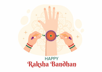 Happy Raksha Bandhan Cartoon Illustration with Sister Tying Rakhi on Her Brothers Wrist to Signify Bond of Love in Indian Festival Celebration