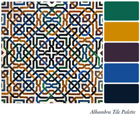 Alhambra tile design background in a colour palette with complimentary colour swatches. 