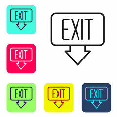 Black line Fire exit icon isolated on white background. Fire emergency icon. Set icons in color square buttons. Vector