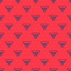 Blue line Smoke alarm system icon isolated seamless pattern on red background. Smoke detector. Vector