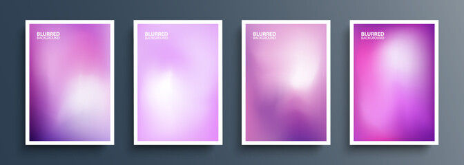 Set of purple blurred backgrounds with modern abstract soft violet color gradient patterns. Templates collection for brochures, posters, banners, flyers and cards. Vector illustration.