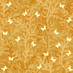 Yellow twigs with leaves and butterflies. Vector illustration