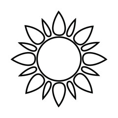 Flower icon in black outline on a white background. Sunflower pattern for coloring. Solar energy symbol. Vector.