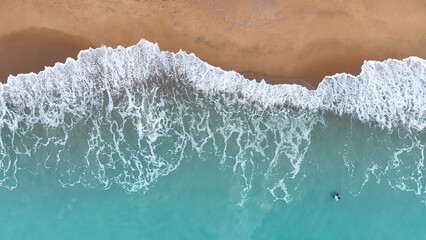 Fototapeta na wymiar Beach sand copy space Beautiful sea waves in Summer tropical background,Top view