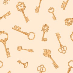 Vintage door keys pattern. Seamless handdrawn monochrome background with antique repeating print. Endless texture design in classic victorian style. Printable hand-drawn vector illustration for decor
