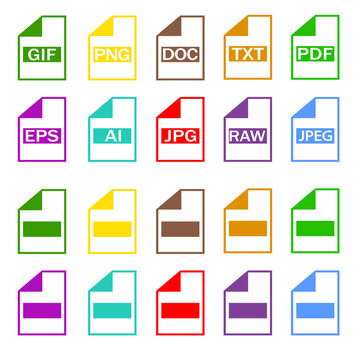 Symbol set file formats. Set of Document File Formats icons. File extensions diverse icons set isolated. jpeg illustration.Document jpg image icons isolated design. Paper document page icon. Edit docu
