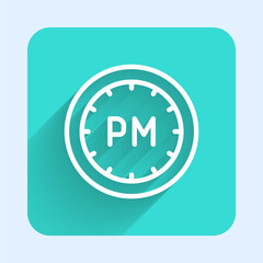 White line Day time icon isolated with long shadow background. Time symbol. Green square button. Vector