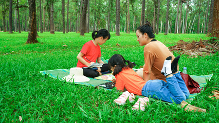 Family vacation activities with reading in the park.