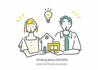 マイホーム購入を考える若いカップル　シンプルでお洒落な線画イラスト