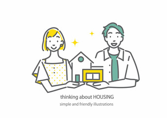 マイホーム購入を考える若いカップル　シンプルでお洒落な線画イラスト