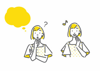 考える女性と問題解決済みの女性　セット　シンプルでお洒落な線画イラスト