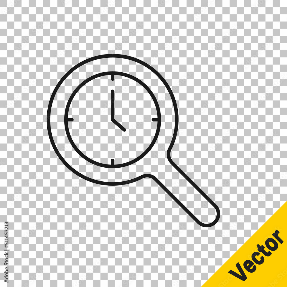 Aufkleber black line magnifying glass with clock icon isolated on transparent background. clock search. vector