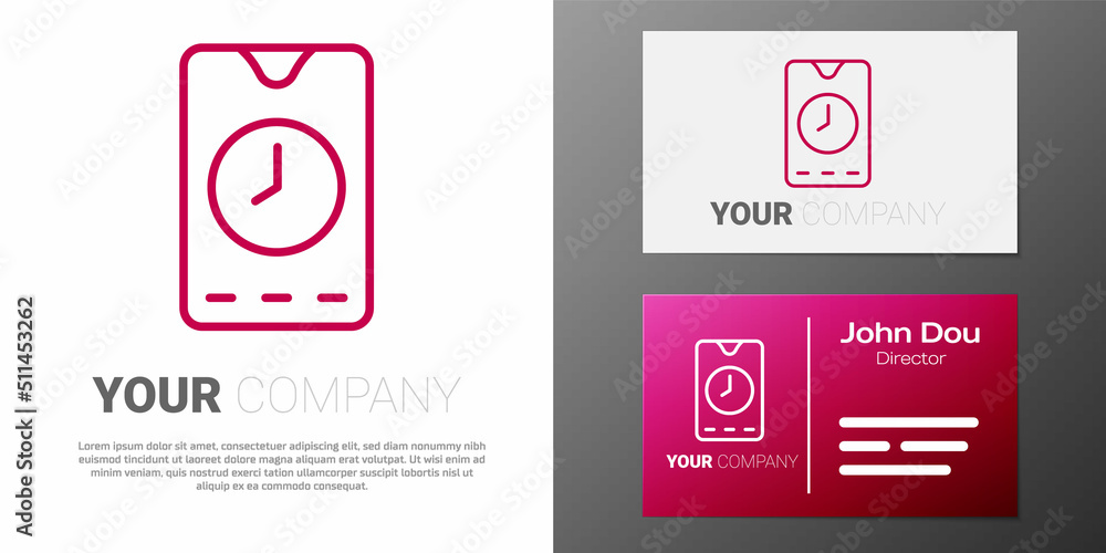 Poster Logotype line Alarm clock app smartphone interface icon isolated on white background. Logo design template element. Vector