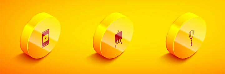 Set Isometric Online play video, Easel or painting art boards and Kitchen whisk icon. Vector