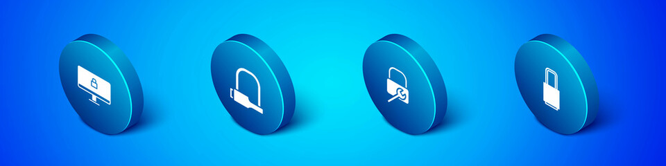 Set Isometric Lock on computer monitor, repair, and Bicycle lock icon. Vector