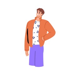 Fototapeta premium Happy smiling man standing, looking up, dreaming and contemplating. Inspired excited guy enjoying. Relaxed person thinking about smth with joy. Flat vector illustration isolated on white background