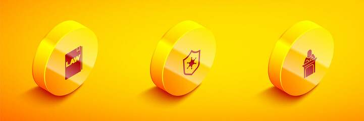 Set Isometric Law book, Police badge and Judge icon. Vector