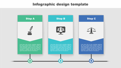 Set Feather and inkwell, Scales of justice and . Business infographic template. Vector