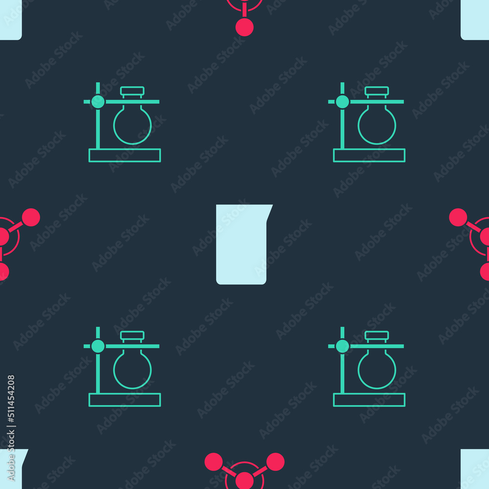 Poster set molecule, laboratory glassware or beaker and test tube flask on stand on seamless pattern. vecto