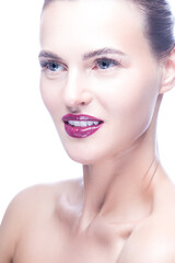 Fototapeta premium Beauty Portrait of Winsome Sensual Caucasian Woman with Fresh Clean Skin for Health Facial Therapy Treatment, Cosmetology, Beauty