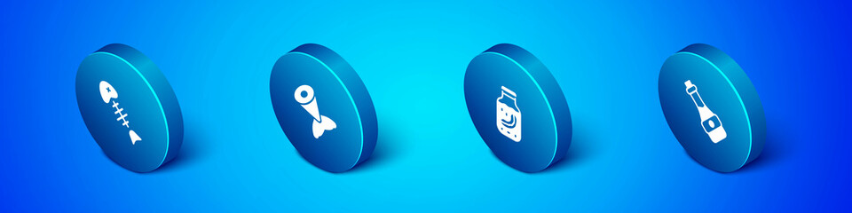Set Isometric Fish skeleton, Sea cucumber in jar, Soy sauce bottle and tail icon. Vector