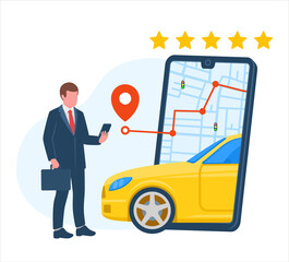 Taxi service smartphone mobile application. Man location map marker online ordering car rate app.