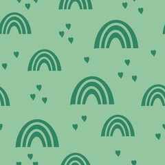 Simple rainbow pattern. cute green rainbows and hearts.  light green background. fashionable print for children's textiles, wallpaper and packaging.