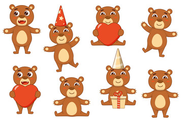 Set adorable cartoon bears. Teddy bear. Bear party. Vector illustration