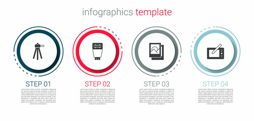 Set Tripod, Photo camera flash, frame and Graphic tablet. Business infographic template. Vector