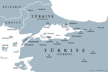 Bosphorus and Dardanelles, gray political map. The Turkish Straits, internationally significant, narrow waterways in Turkey. Passages, connecting the Aegean Sea and Sea of Marmara with the Black Sea.
