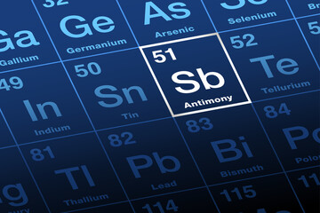Antimony on periodic table of the elements. Lustrous gray metalloid and chemical element with Symbol Sb from Latin stibium, with atomic number 51. Used for alloys, solders, bullets and plain bearings.