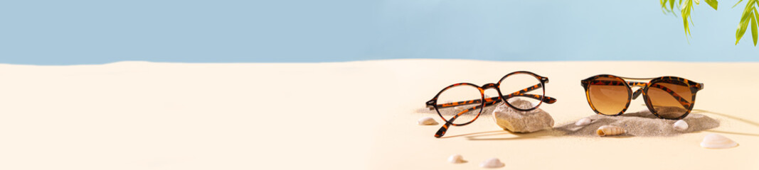 Sunglasses and glasses offer banner. Trendy sunglasses and Eyeglass frame on a beach with palm...