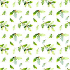 Seamless pattern of watecolor Oak Tree Branch, Green Leaves and Acorns isolated on a white background. Hand drawn
