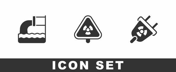 Set Wastewater, Triangle with radiation and Radiation electrical plug icon. Vector