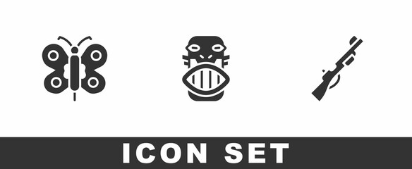 Set Butterfly, Mexican mayan or aztec mask and Hunting gun icon. Vector