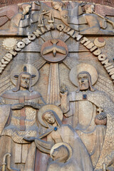 Sainte Odile church, Paris. Detail of the tympanum. France. 22.03.2018