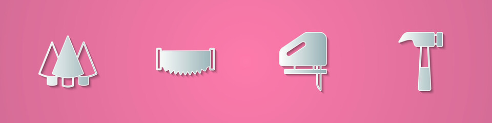 Set paper cut Christmas tree, Two-handed saw, Electric jigsaw and Hammer icon. Paper art style. Vector