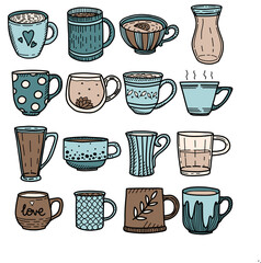 Collection of different doodle cups decorated with design elements. Vector set of colored mugs, filling drinks in blue and brown colors isolation on white background