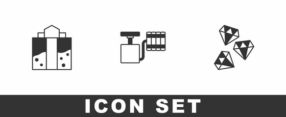Set Mine entrance, Handle detonator and Gem stone icon. Vector