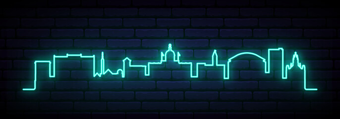 Blue neon skyline of Concord. Bright Concord City New Hampshire long banner. Vector illustration. - obrazy, fototapety, plakaty