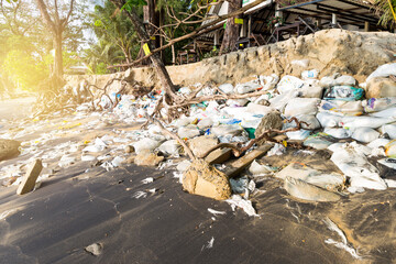 Coastal erosion threatens, Sand bag  and dead tree on the beach in south of Thailand, seashore problem, environmental concept