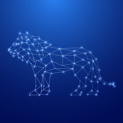 Geometric Lion silhouette. Image of Lion in the form of constellation on blue background. Vector illustration. © greens87